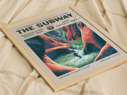 The Subway, Zion National Park Poster | Hiker Gift | Backcountry Canyon Trail Wall Art — styled in a modern interior