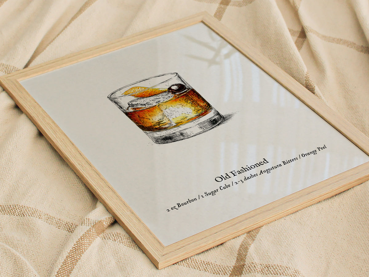 Old Fashioned Cocktail Poster | Vintage Pen & Ink Scientific Illustration Wall Art — styled in a modern interior