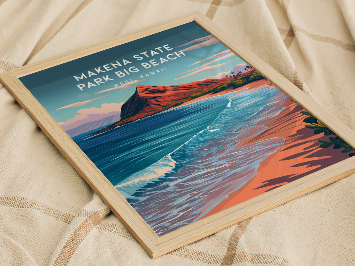 Makena State Park Big Beach, Maui, Hawaii Poster | Tropical Beach Print Wall Art — styled in a modern interior