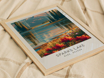 Sparks Lake Matte Border Poster | Bend, Oregon Destination Print Travel Wall Art — styled in a modern interior