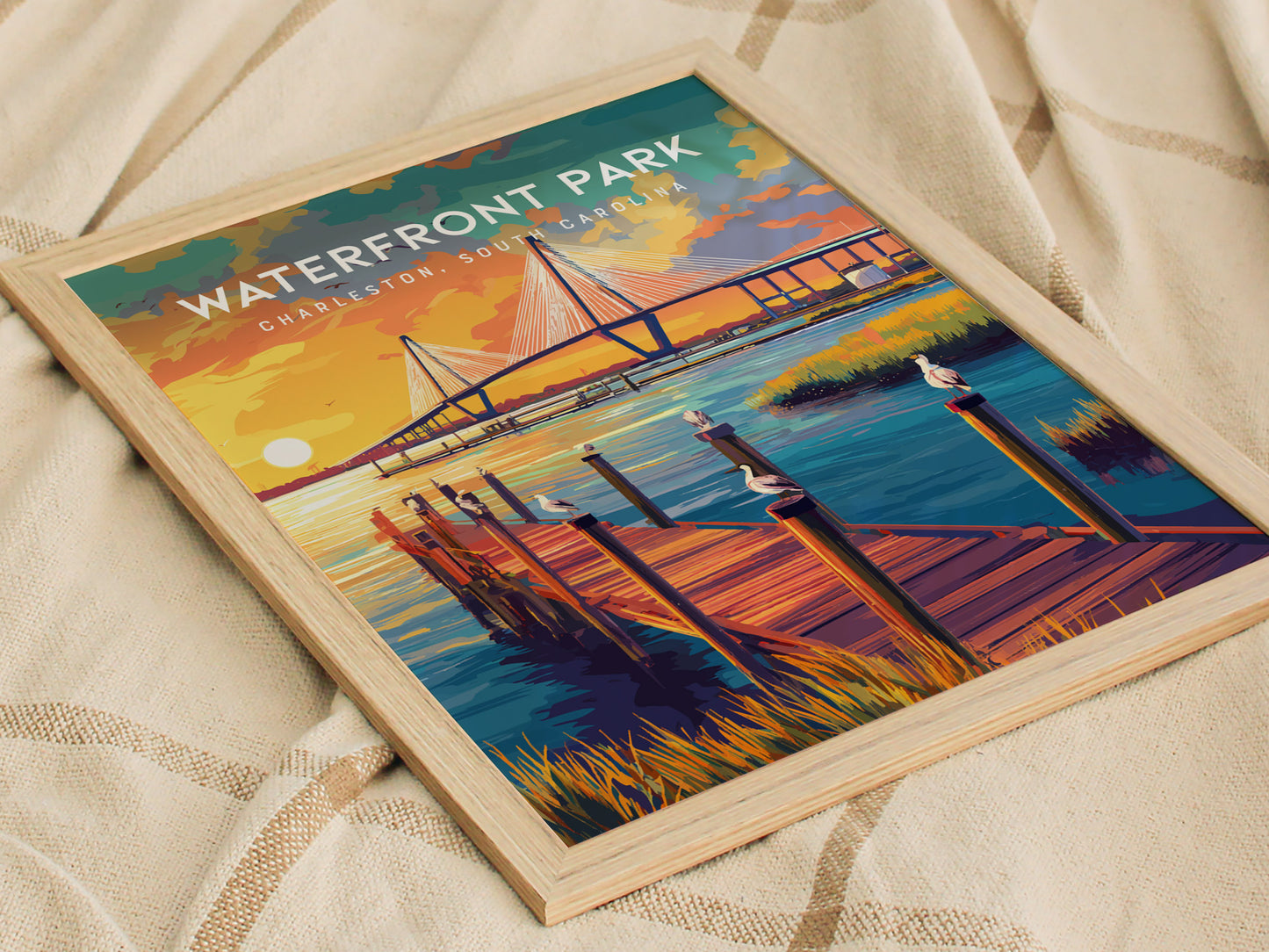 Waterfront Park, Charleston Poster | Southern Harbor Palmetto Charm Wall Art — styled in a modern interior