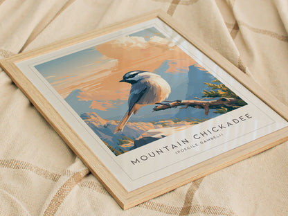 Mountain Chickadee, Poecile gambeli Poster | Bold Birder Gift Nature Wall Art — styled in a modern interior