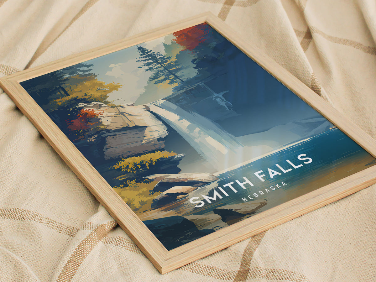 Smith Falls, Nebraska Poster | Waterfall Adventure Destination Print Wall Art — styled in a modern interior