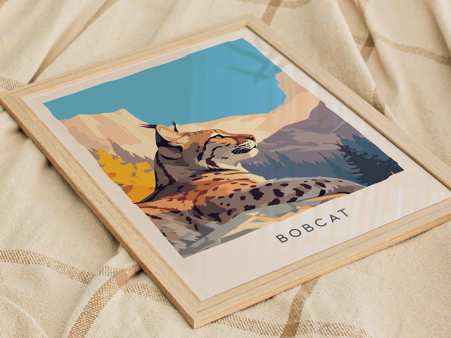 Bobcat Wildlife Poster | Fierce & Beautiful Wildcat Wall Art — styled in a modern interior