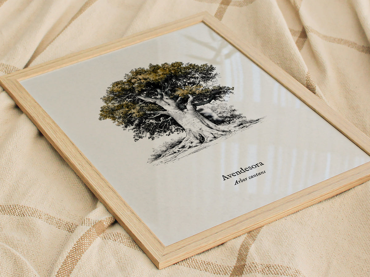 Avendesora Poster | Arbor Cantans Pen and Ink Print | Vintage Botanical Illustration Wall Art — styled in a modern interior