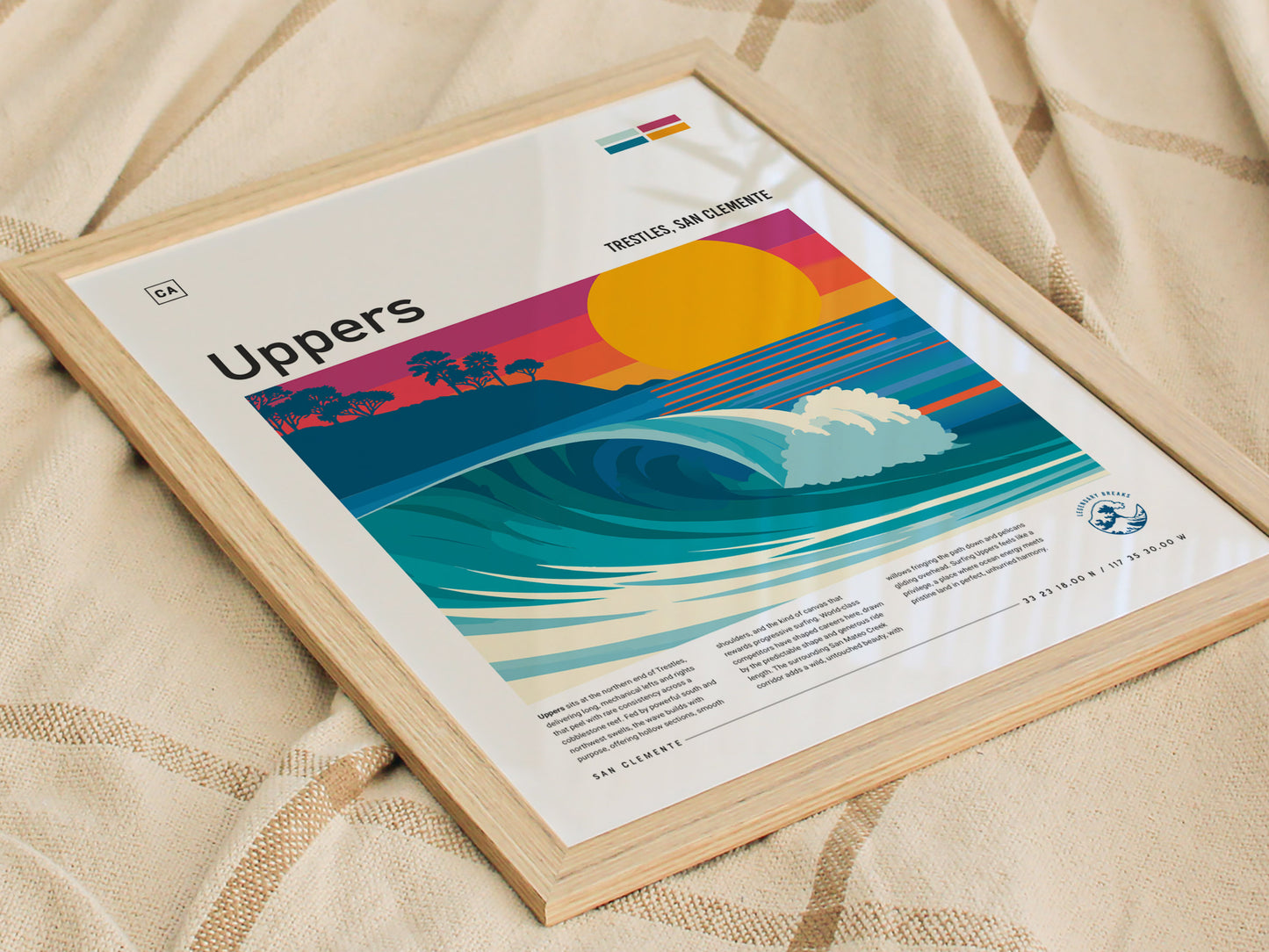 Uppers, Trestles Poster | Golden Hour Barrel Surf Wall Art — styled in a modern interior