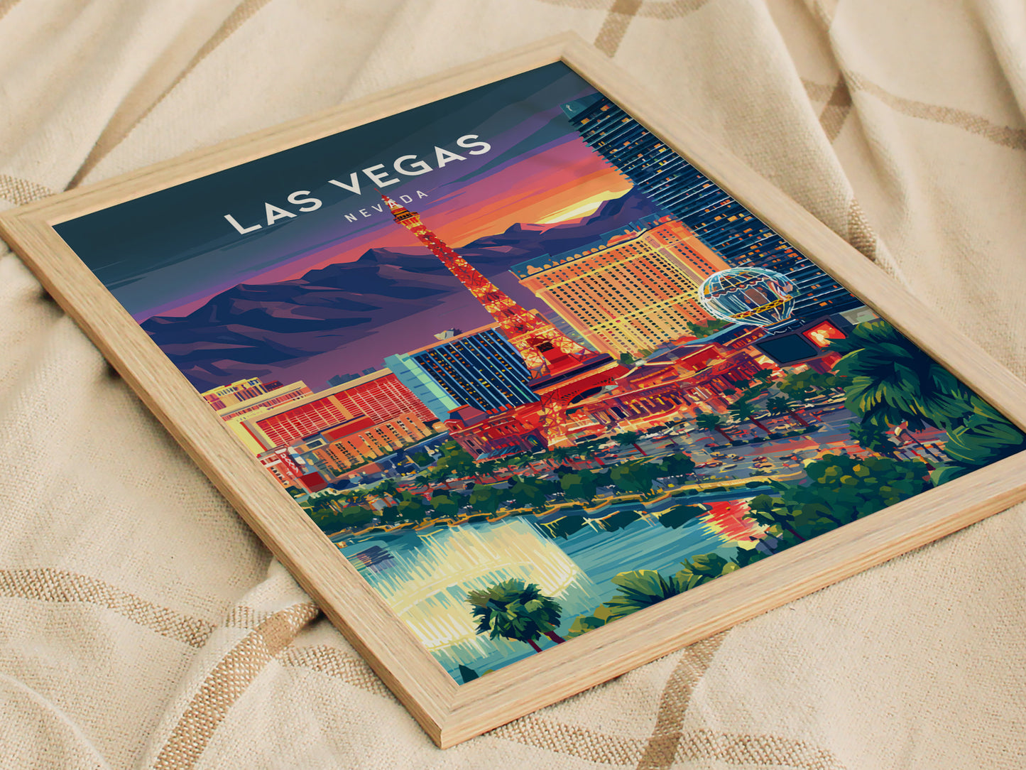 Las Vegas, Nevada Poster | Neon Lights & Desert Skyline Wall Art — styled in a modern interior