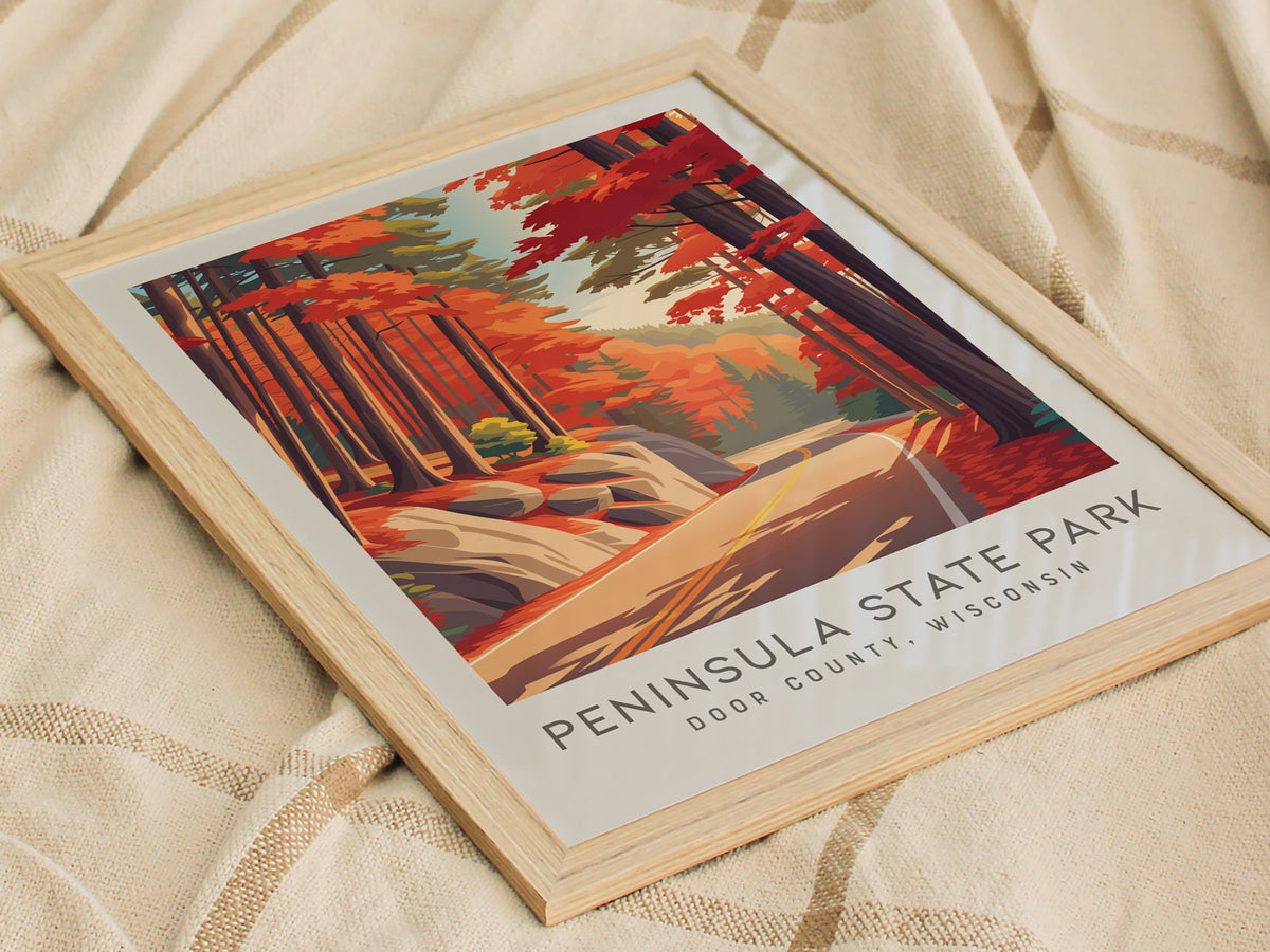 Peninsula State Park Matte Border Poster | Door County, Wisconsin Destination Print — styled in a modern interior