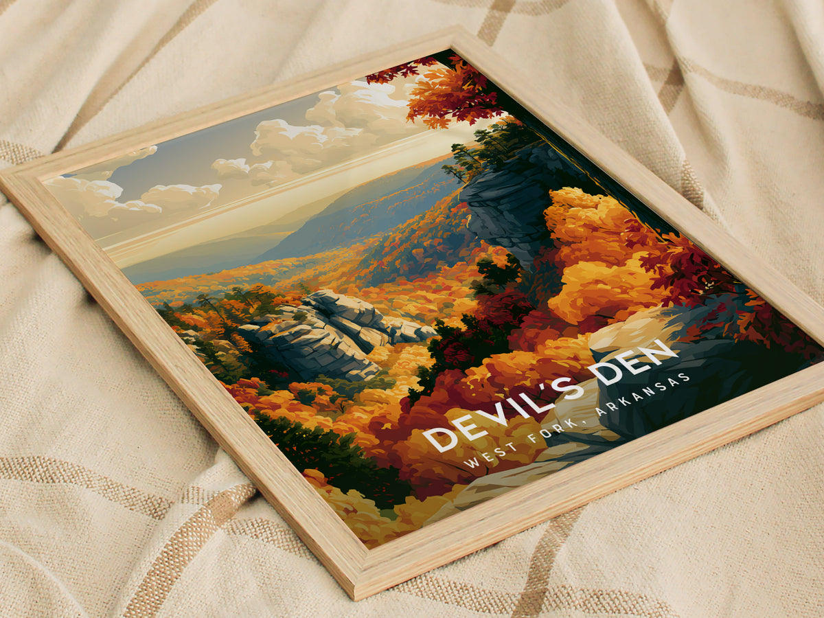 Devil's Den, West Fork, Arkansas Poster | Ozark Forest Cave Explorer Wall Art — styled in a modern interior