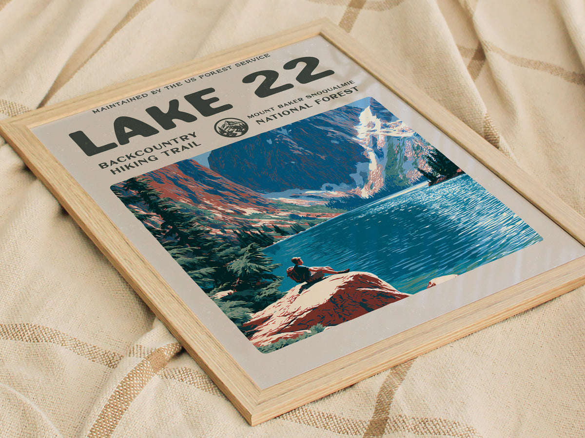 Lake 22, Mount Baker-Snoqualmie National Forest Poster | Hiker Gift | Backcountry Trail Wall Art — styled in a modern interio