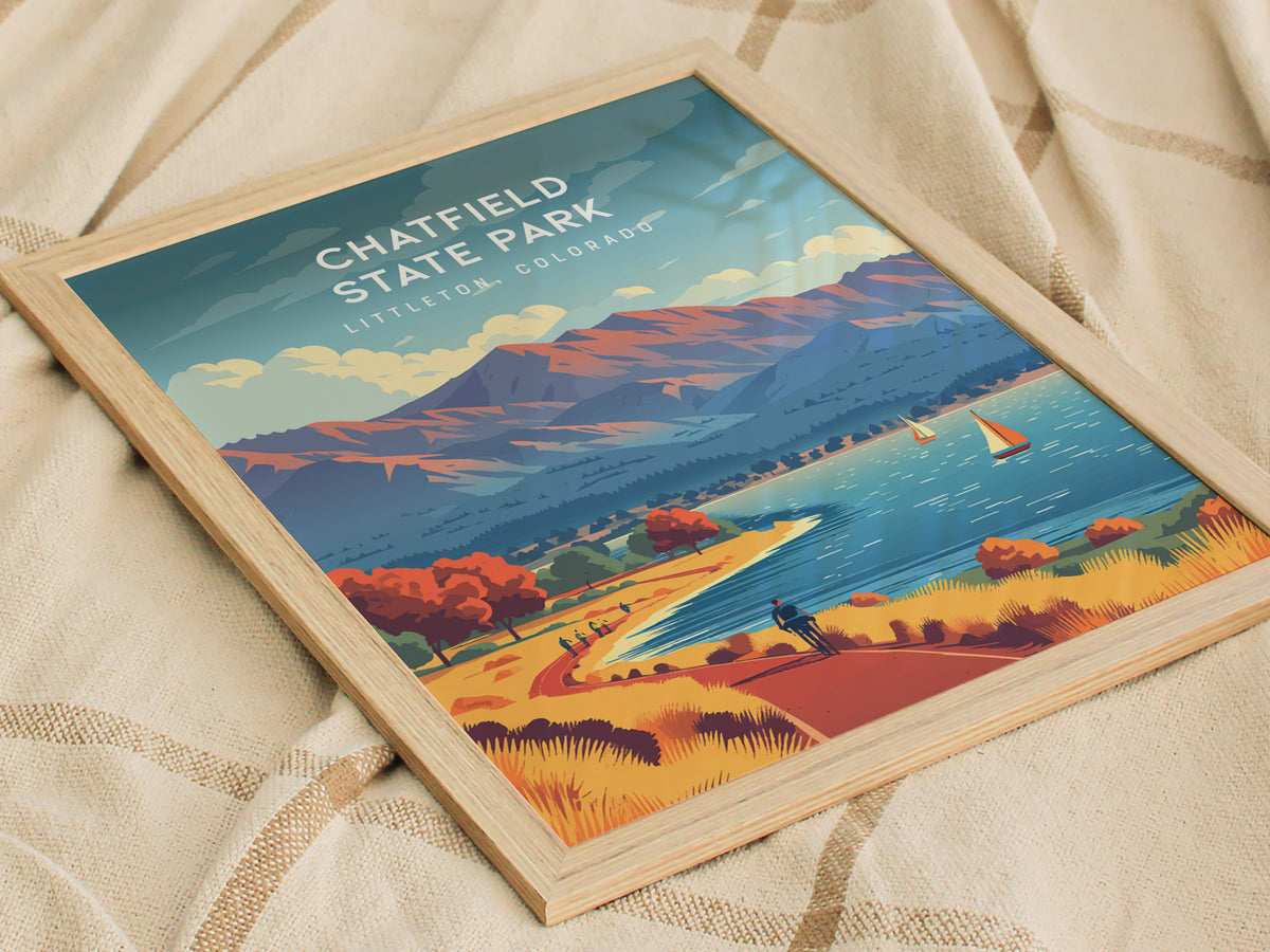 Chatfield State Park, Littleton, Colorado Poster | Mountain Lake Destination Print Wall Art — styled in a modern interior