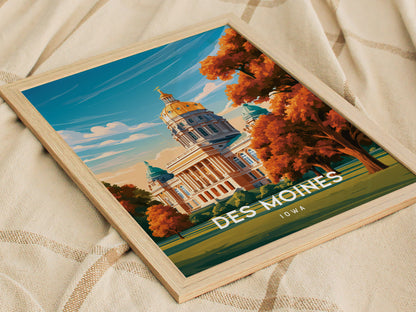 Des Moines, Iowa Poster | Golden Dome & Skyline Destination Print Wall Art — styled in a modern interior