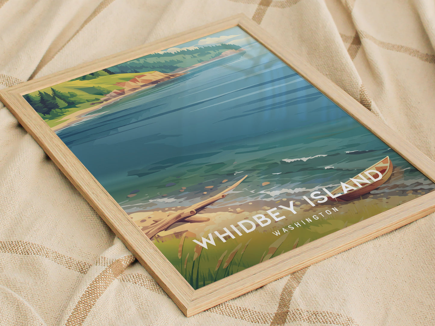 Whidbey Island, Washington Poster | Evergreen Shores & Sailboat Wall Art — styled in a modern interior