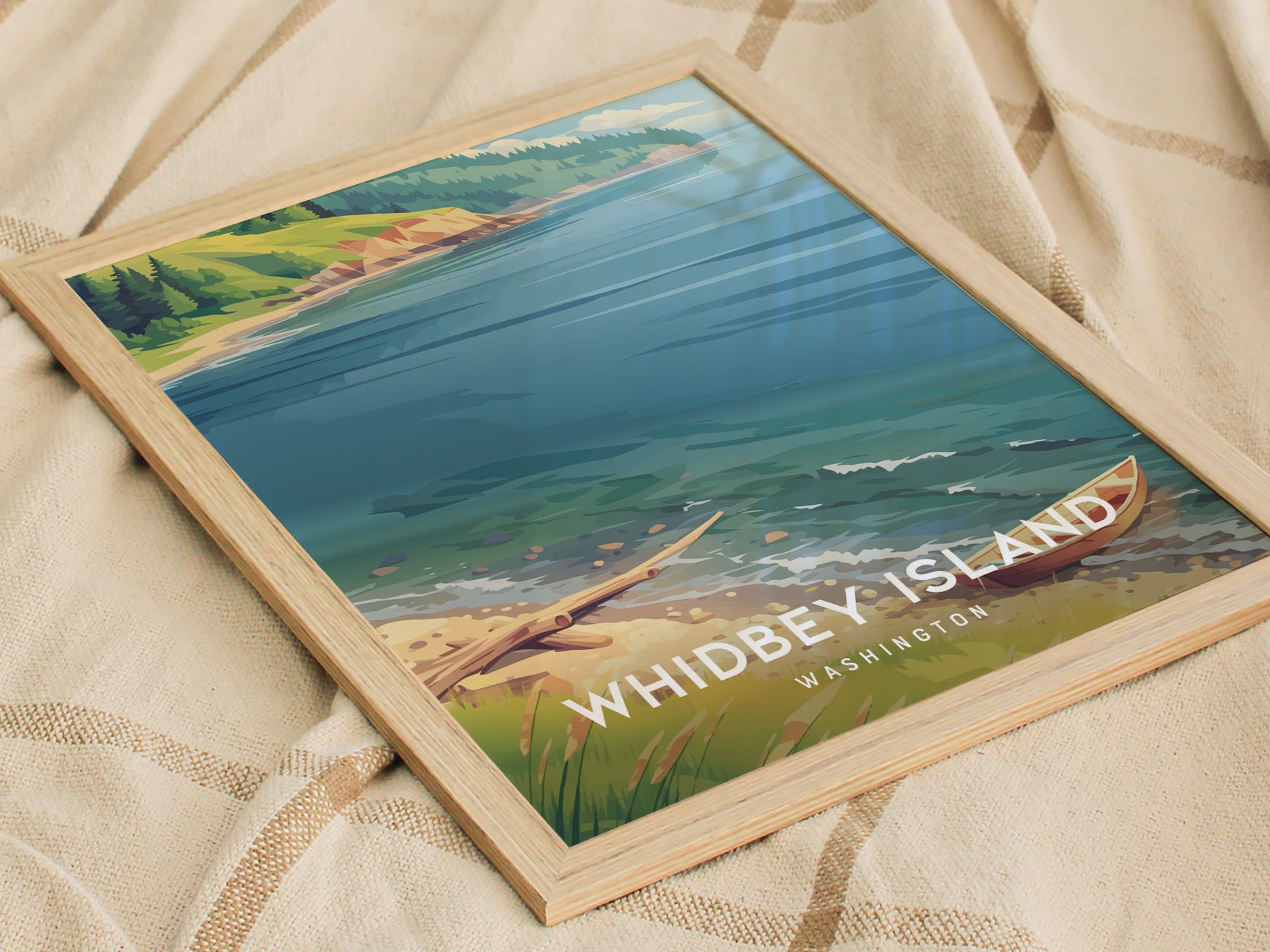 Whidbey Island, Washington Poster | Evergreen Shores & Sailboat Wall Art — styled in a modern interior