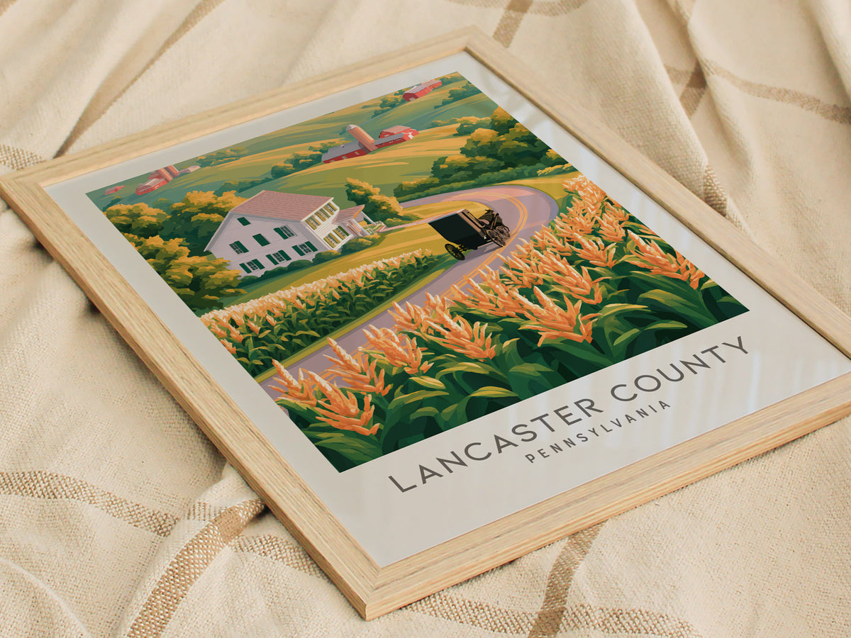 Lancaster County Matte Border Poster | Pennsylvania Destination Print Travel Wall Art — styled in a modern interior