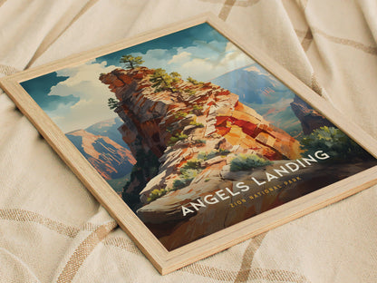 A framed art print of Angels Landing depicts a vibrant, rocky landscape with trees under a blue sky. The text reads Angels Landing, Zion National Park.