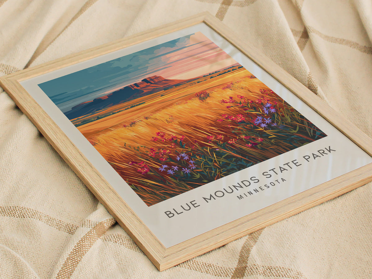 Blue Mounds State Park Matte Border Poster | Minnesota Destination Print & Vacation Wall Art — styled in a modern interior