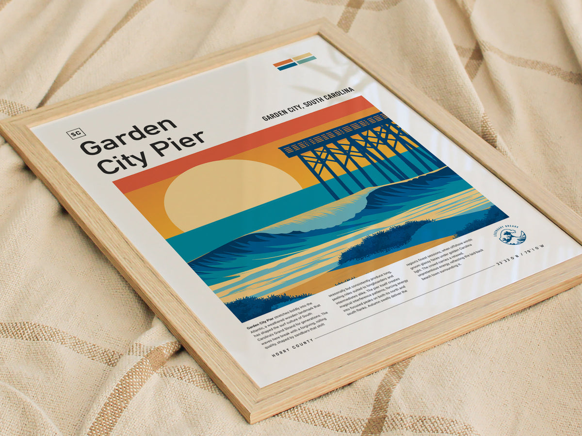 Garden City Pier, Garden City, South Carolina Poster | Surf Waves & Coastal Pier Wall Art — styled in a modern interior