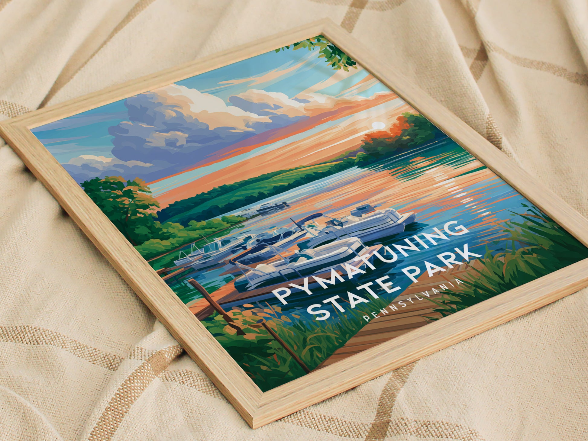 Pymatuning State Park, Pennsylvania Poster | Lakeside Geese & Spillway Wall Art — styled in a modern interior