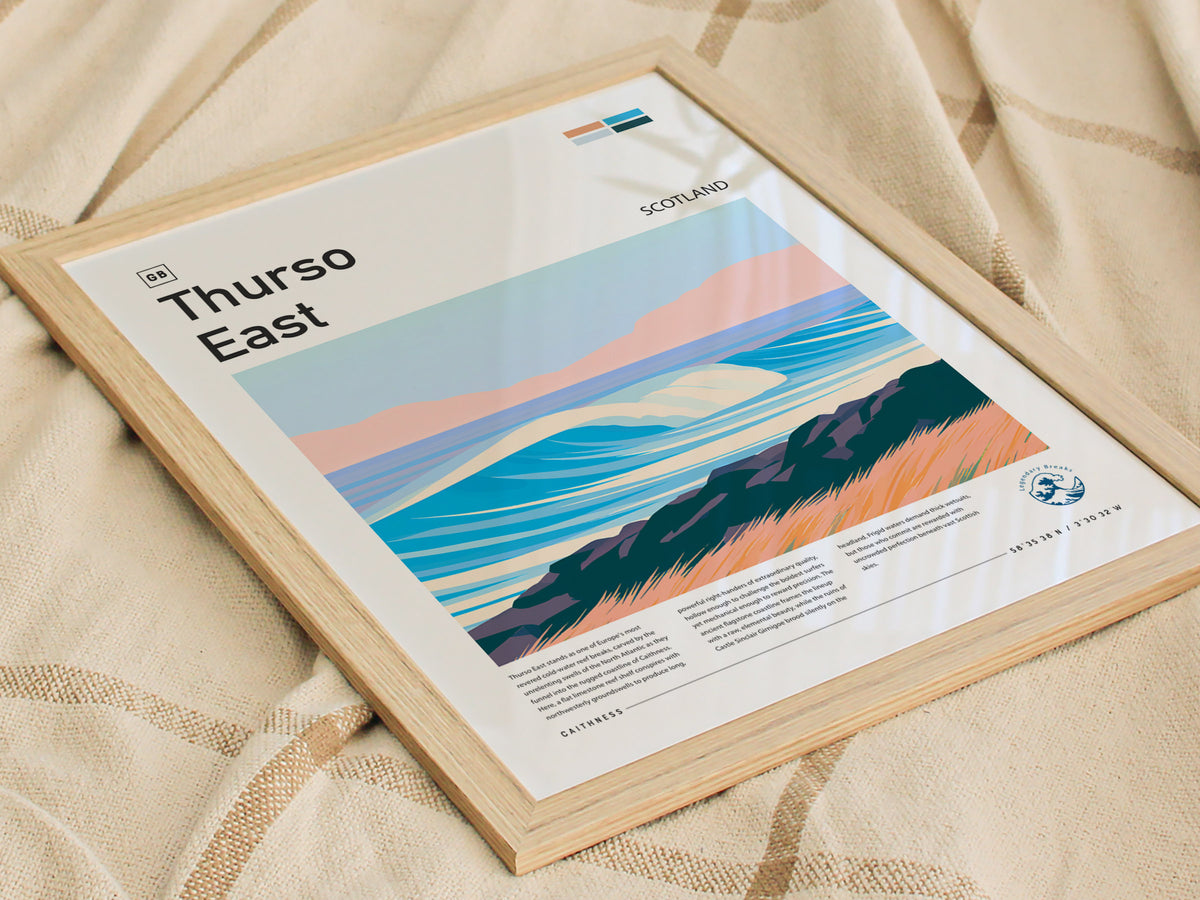 Thurso East, Scotland Poster | Highland Surf Destination Print Wall Art — styled in a modern interior