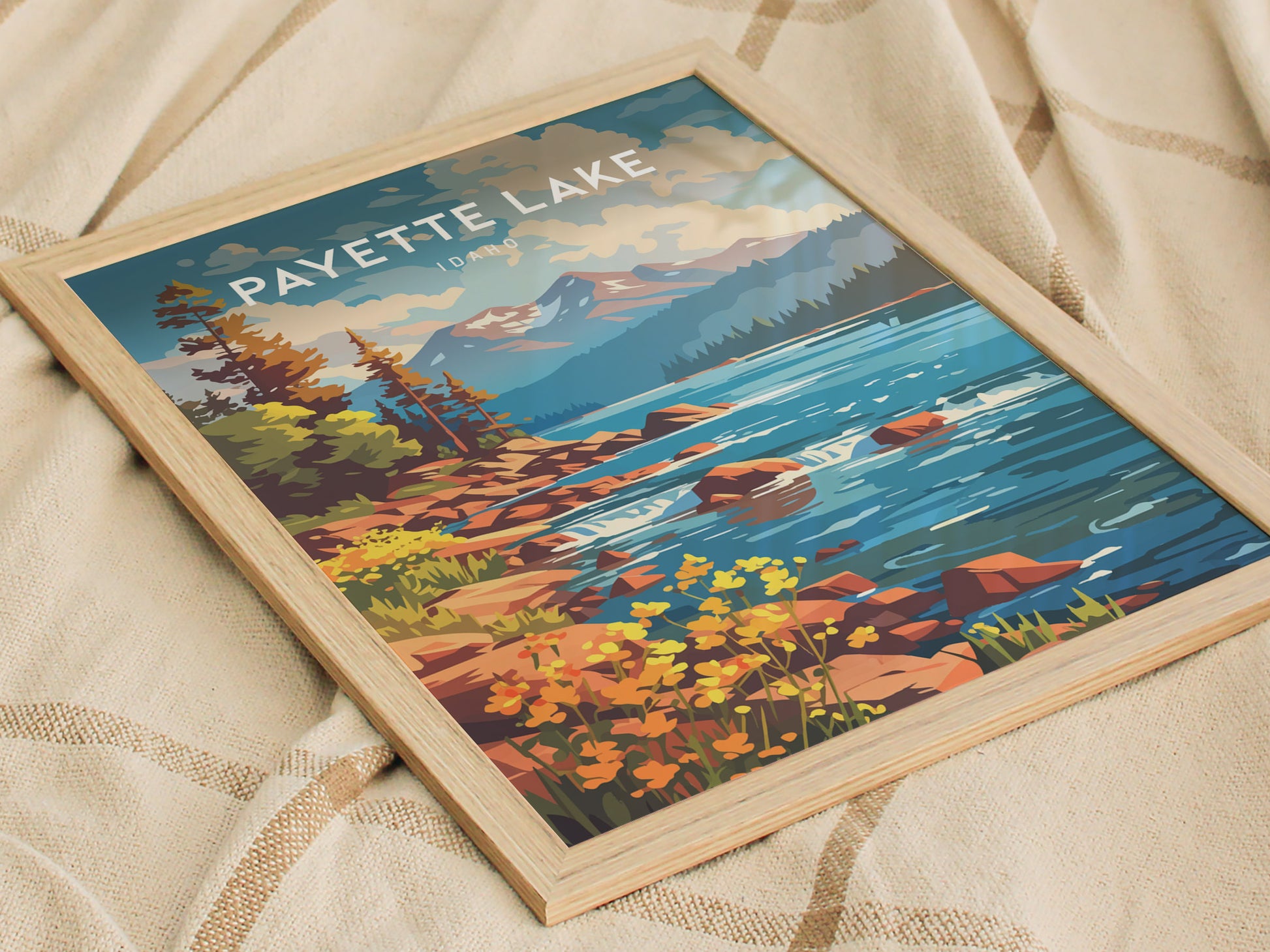 Payette Lake, Idaho Poster | Mountain Lake Destination Print Wall Art — styled in a modern interior
