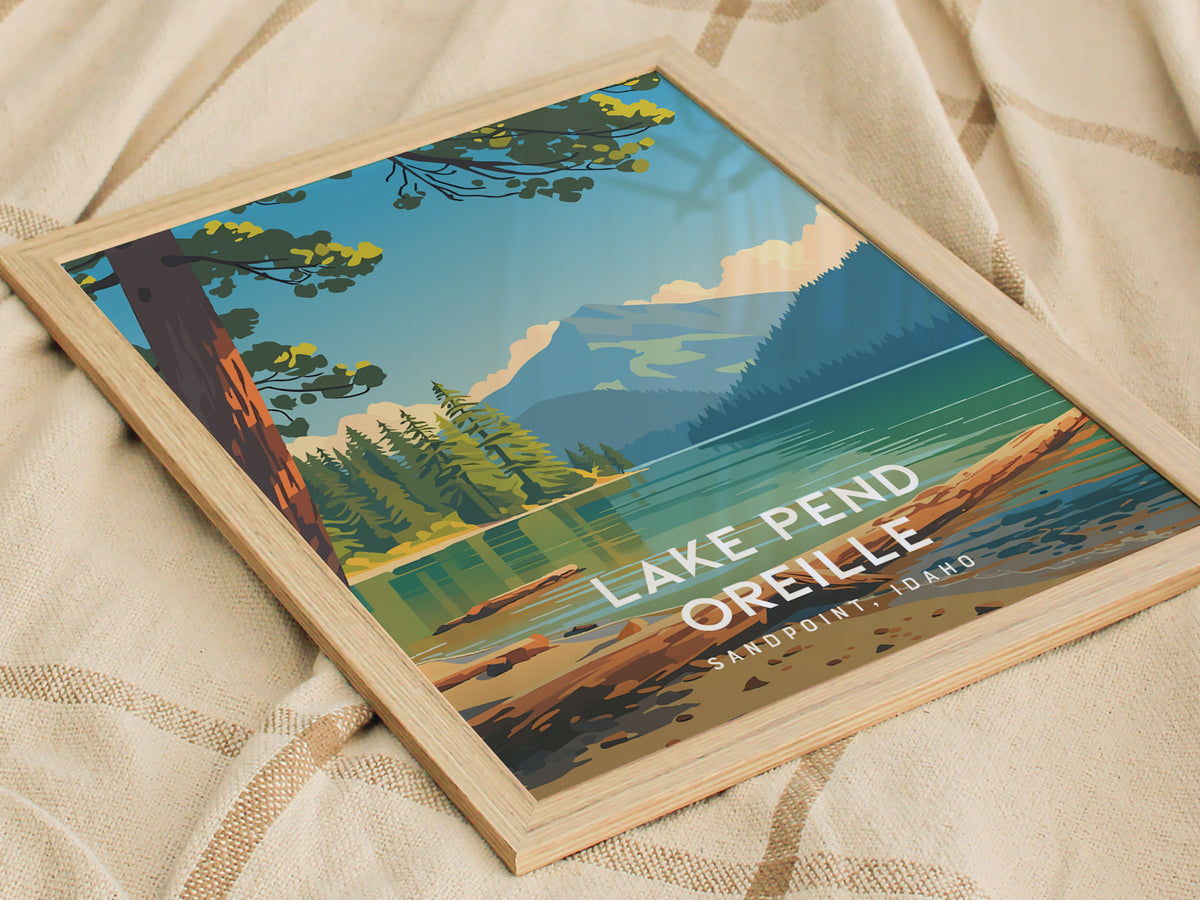 Lake Pend Oreille, Sandpoint, Idaho Poster | Mountain Lake Vacation Wall Art — styled in a modern interior