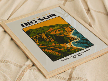 Big Sur Vintage Poster – California Coast Wall Art, Bixby Bridge Print, Retro Travel Poster, Coastal Home Decor, Framed or Unframed - Swell Scenes