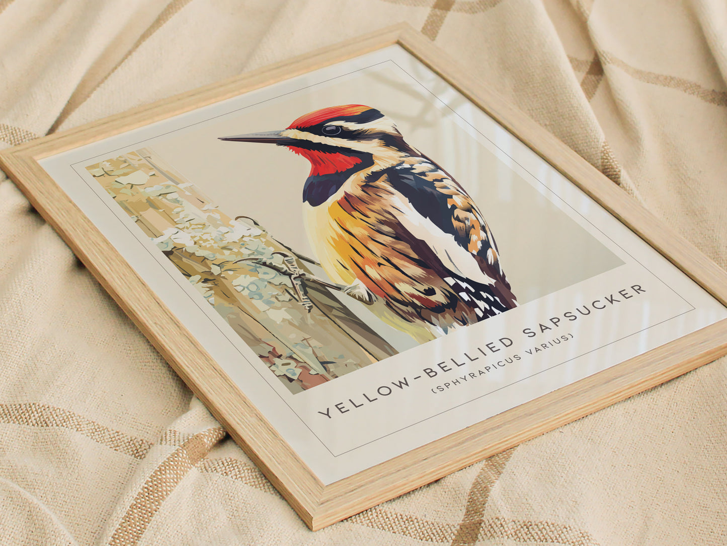 Yellow-bellied Sapsucker, Sphyrapicus varius Poster | Woodland Bird Wall Art — styled in a modern interior