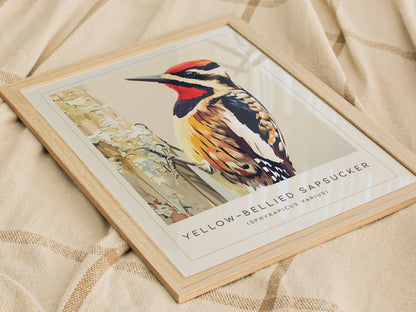 Yellow-bellied Sapsucker, Sphyrapicus varius Poster | Woodland Bird Wall Art — styled in a modern interior