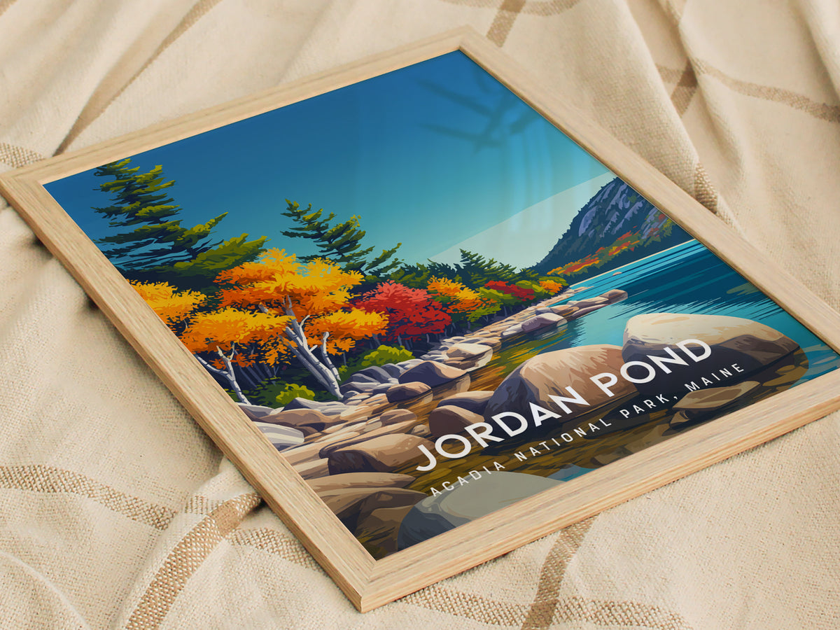 Jordan Pond, Acadia National Park, Maine Poster | Coastal Beach Decor Wall Art — styled in a modern interior