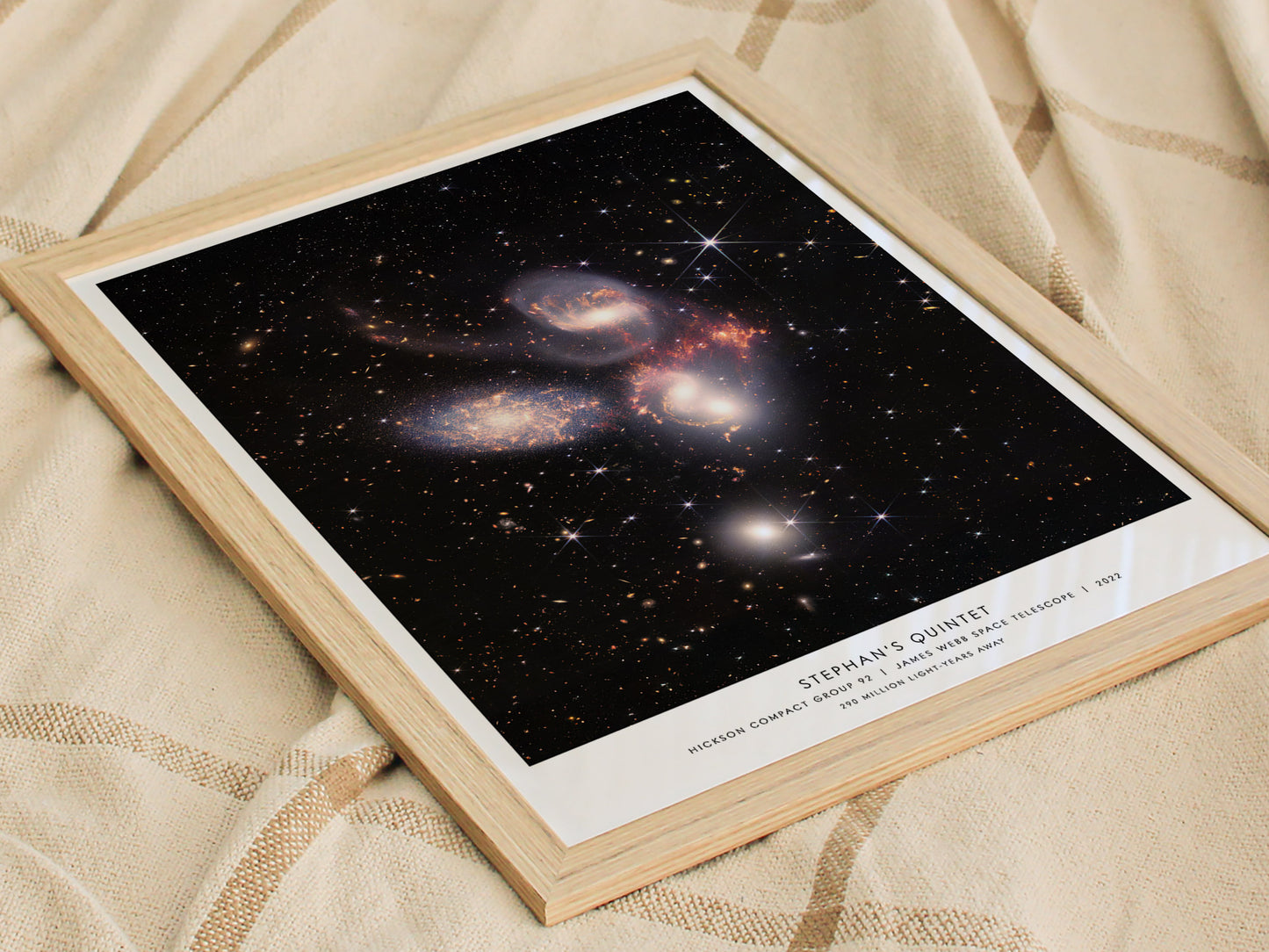 Natural wood framed Stephan's Quintet space print