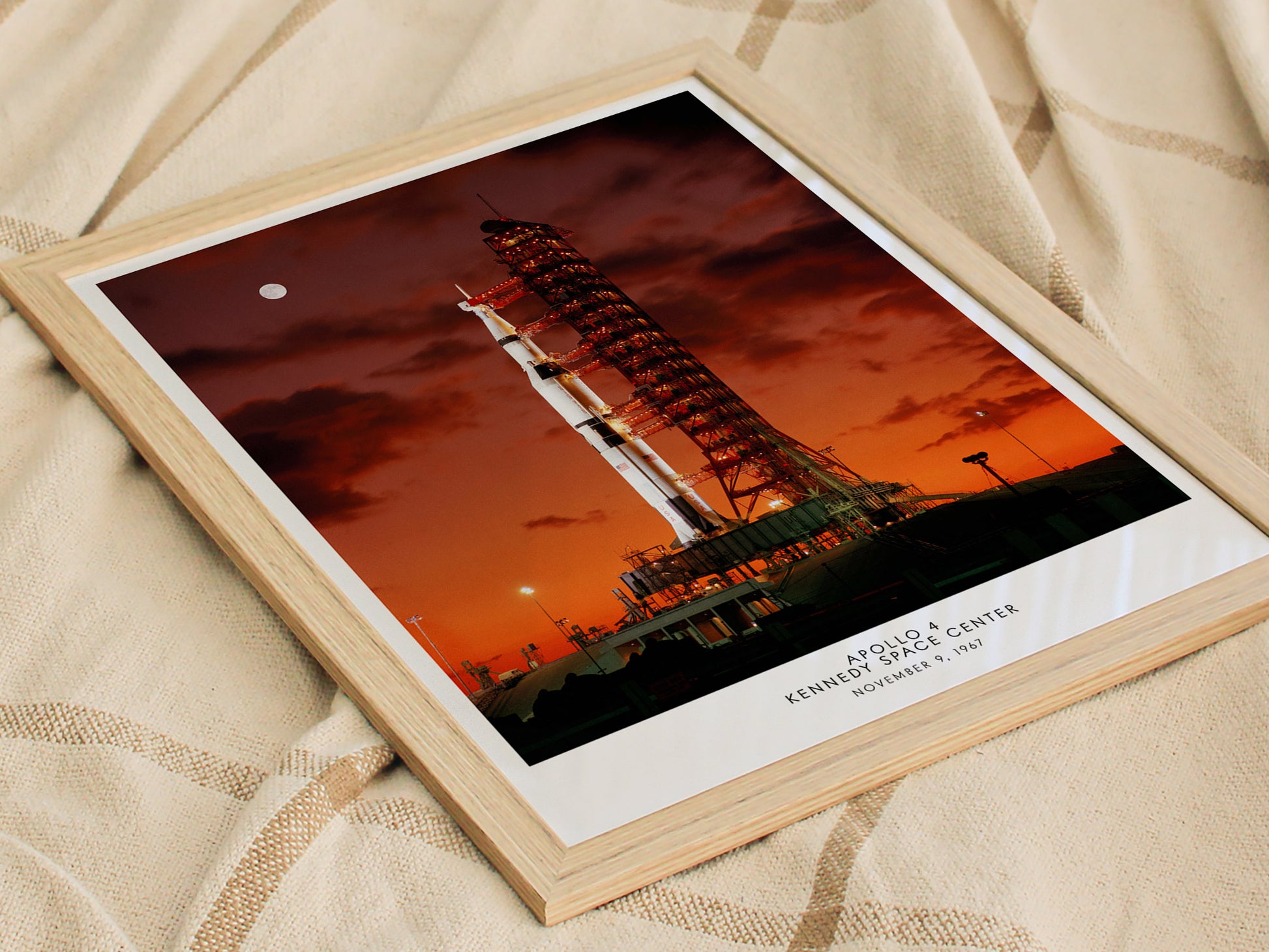 Natural wood framed Apollo 4 Saturn V rocket print