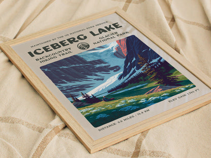 Iceberg Lake, Glacier National Park Poster | Hiker Gift | Backcountry Trail Wall Art — styled in a modern interior