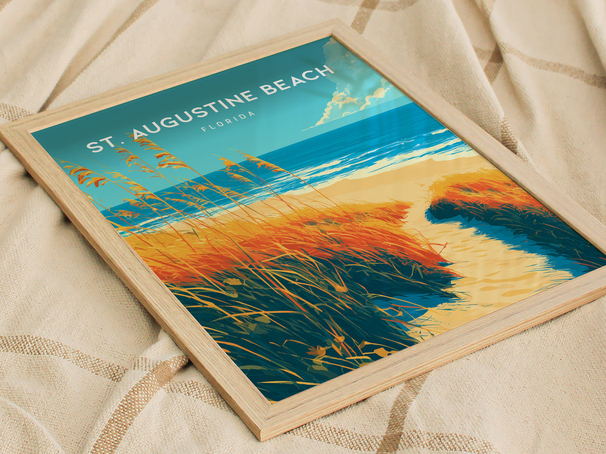 St. Augustine Beach, Florida Poster | Sun-Kissed Shores & Pier Wall Art — styled in a modern interior