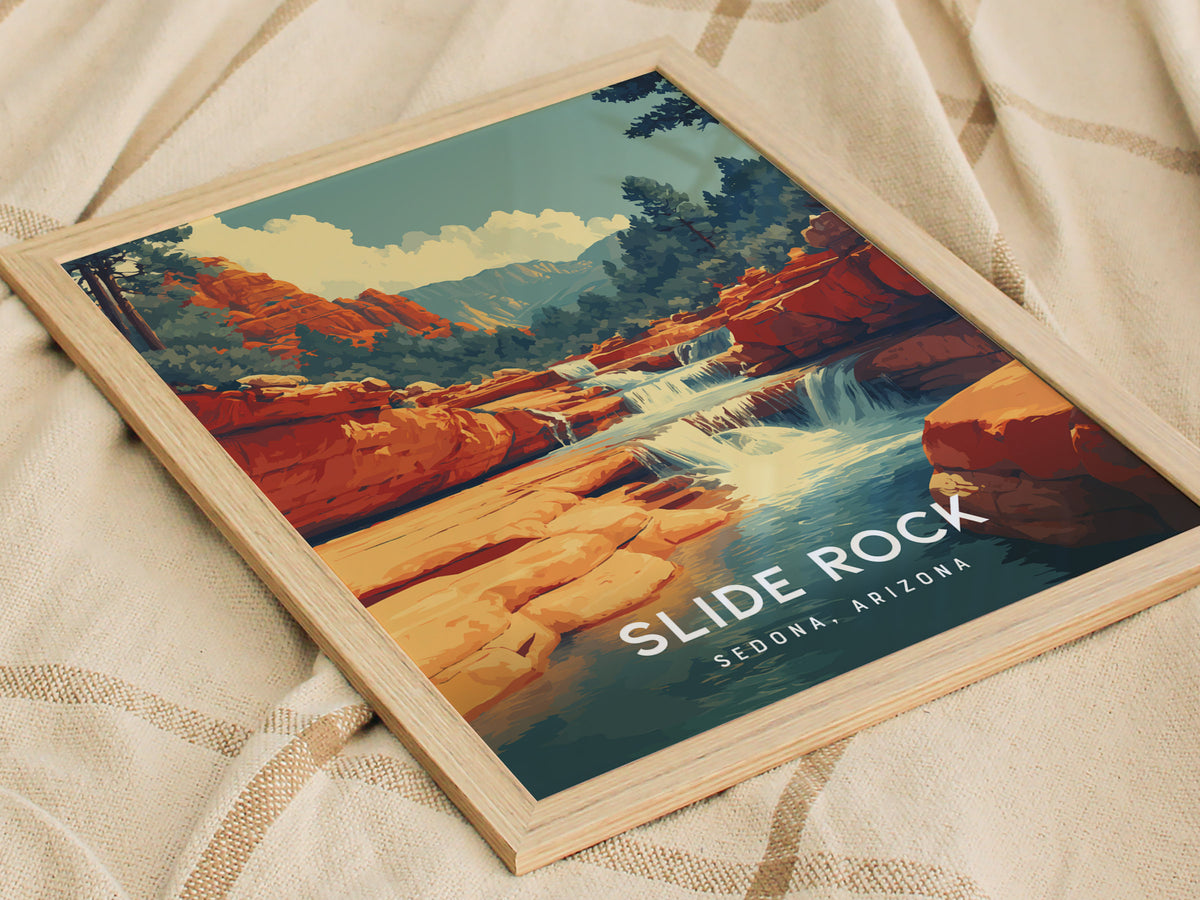 Slide Rock, Sedona, Arizona Poster | Red Rock Swimming Hole Destination Print Wall Art — styled in a modern interior