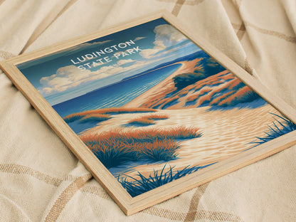 Ludington State Park, Michigan Poster | Dunes & Lighthouse Lakeshore Wall Art — styled in a modern interior