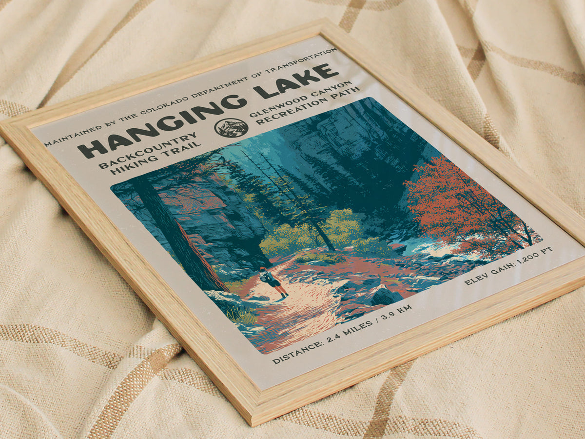 Hanging Lake, Glenwood Canyon Poster | Hiker Gift | Backcountry Trail Wall Art — styled in a modern interior