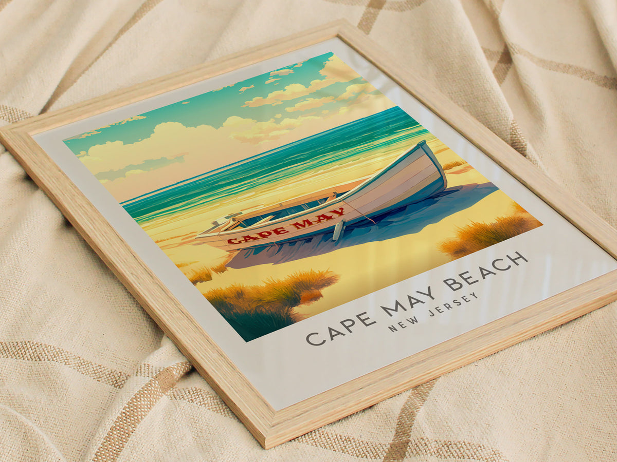 Cape May Beach Matte Border Poster | New Jersey Vacation Wall Art — styled in a modern interior