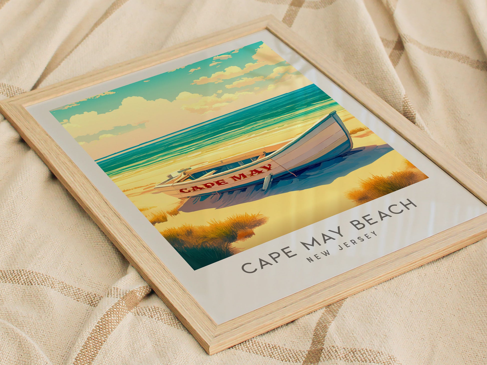 Cape May Beach Matte Border Poster | New Jersey Vacation Wall Art — styled in a modern interior