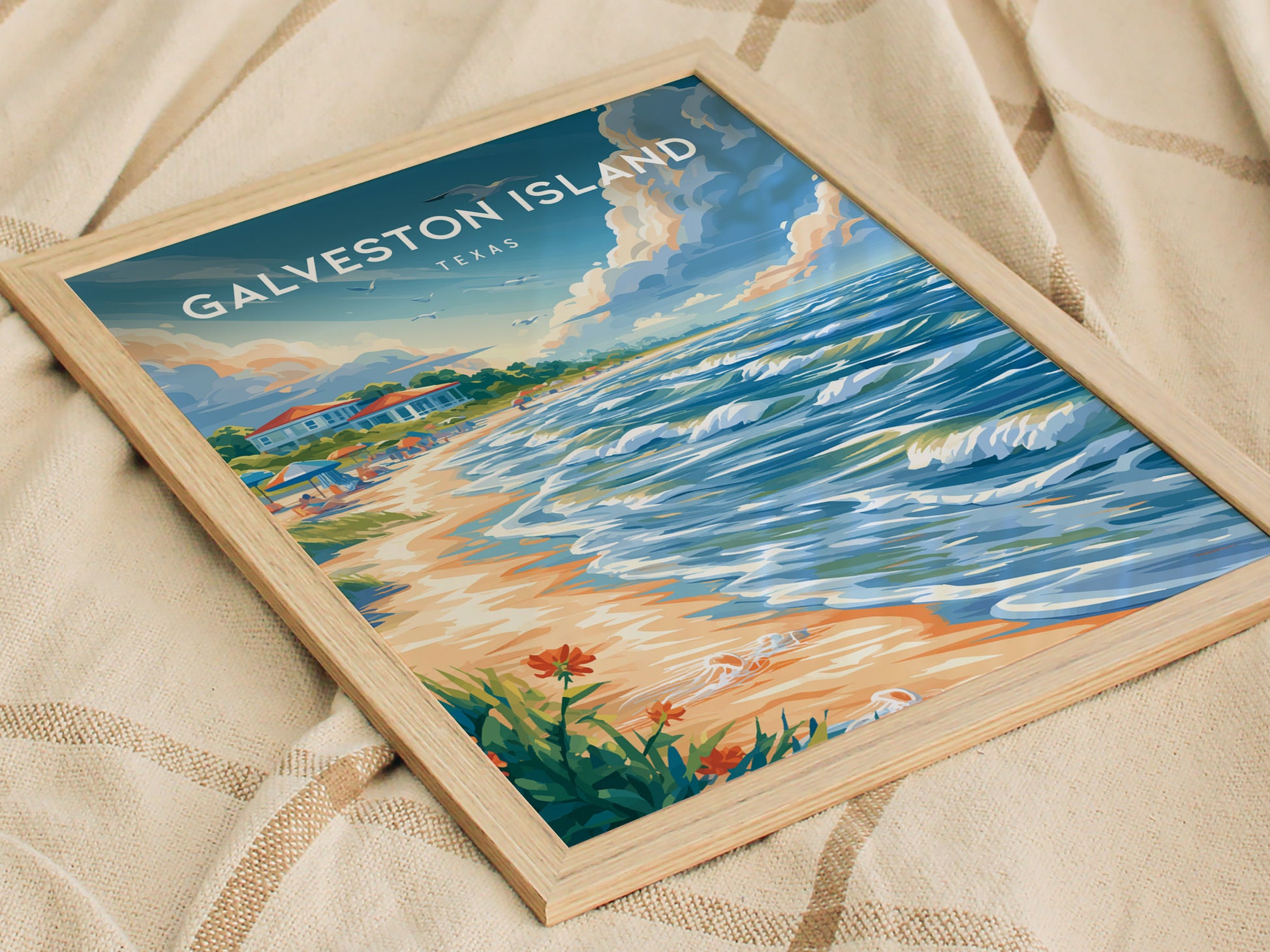 Galveston Island, Texas Poster | Seaside Pier & Gulf Coast Wall Art — styled in a modern interior