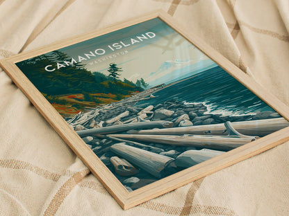 Camano Island, Washington Poster | Evergreen Shores & Heron Coastal Wall Art — styled in a modern interior