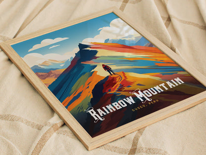 A framed travel print of Rainbow Mountain in Peru features vibrant, stylized colors depicting the mountains unique striped landscape.