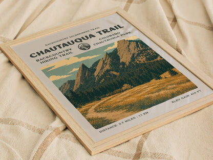 Chautauqua Trail, Boulder Poster | Hiker Gift | Flatirons Backcountry Block Print Wall Art — styled in a modern interior
