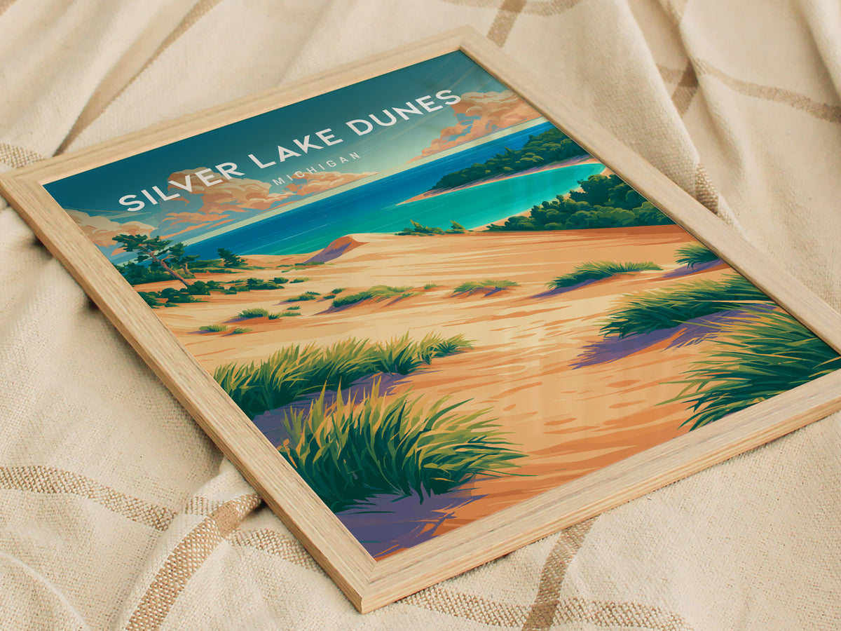Silver Lake Dunes, Michigan Poster | Sand Dunes & Lakeshore Destination Print Wall Art — styled in a modern interior