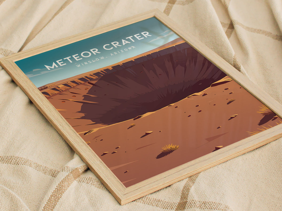 Meteor Crater, Winslow, Arizona Poster | Desert Adventure Travel Wall Art — styled in a modern interior