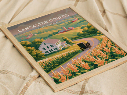 Lancaster County, Pennsylvania Poster | Rolling Farmland & Covered Bridge Wall Art — styled in a modern interior
