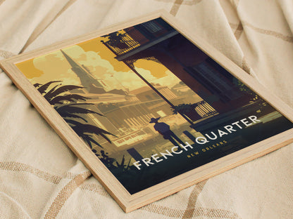 A framed poster featuring the French Quarter in New Orleans, showcasing iconic architecture and a silhouette of a person under a balcony, placed on a textured fabric.