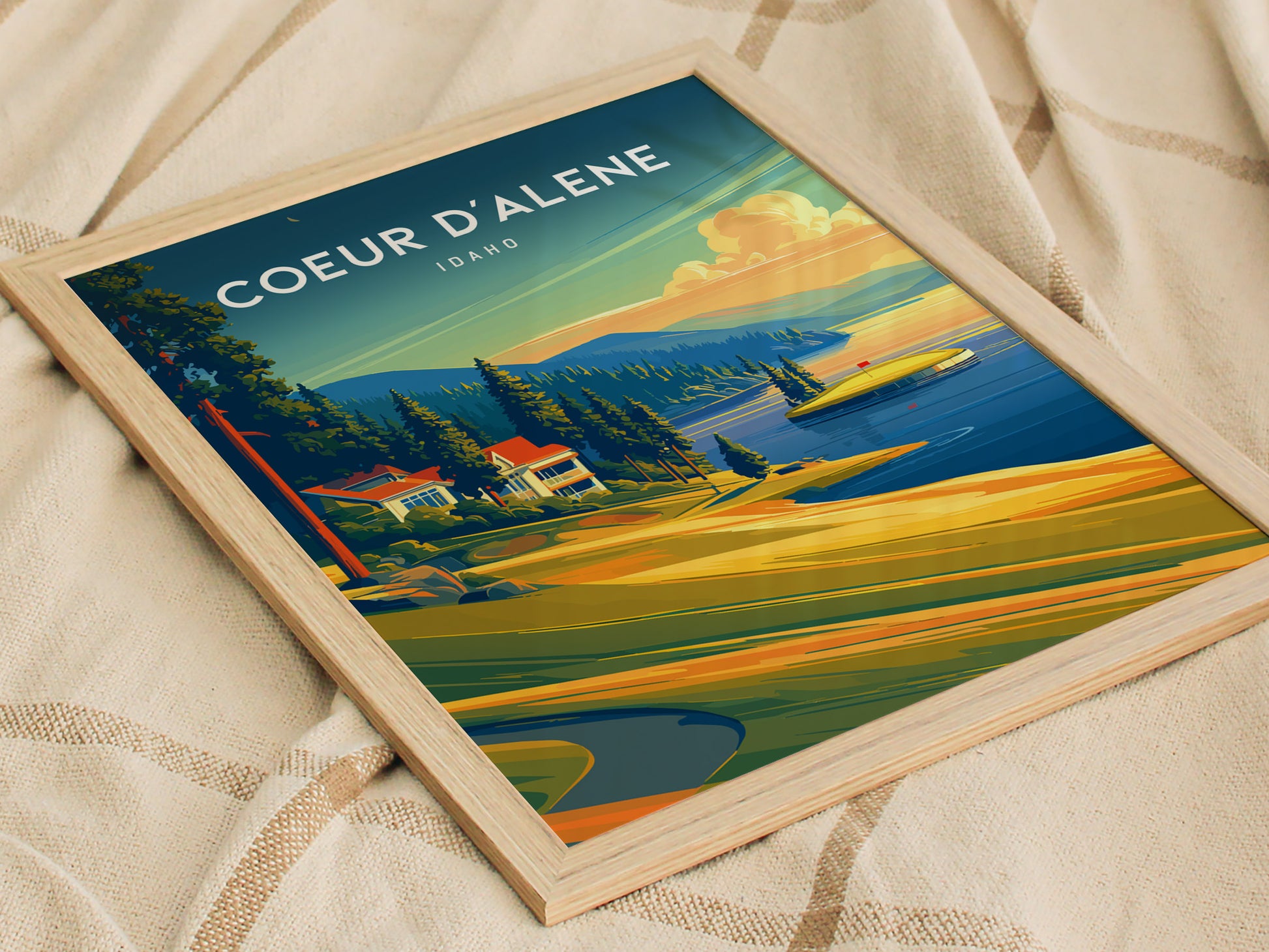Coeur d'Alene Resort, Idaho Poster | Lakeside Golf Course Scenic Wall Art — styled in a modern interior