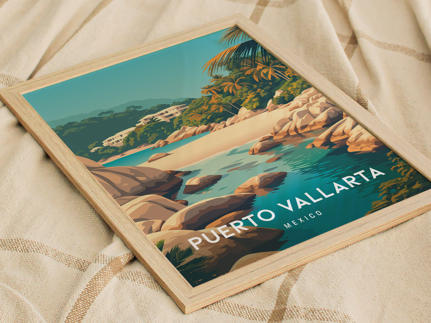 Puerto Vallarta, Mexico Poster | Tropical Coast & Cathedral Wall Art — styled in a modern interior