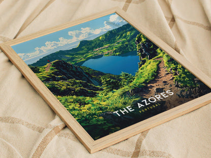 Framed print of a mountain landscape with 'The Azores, Portugal' text on a textured surface.
